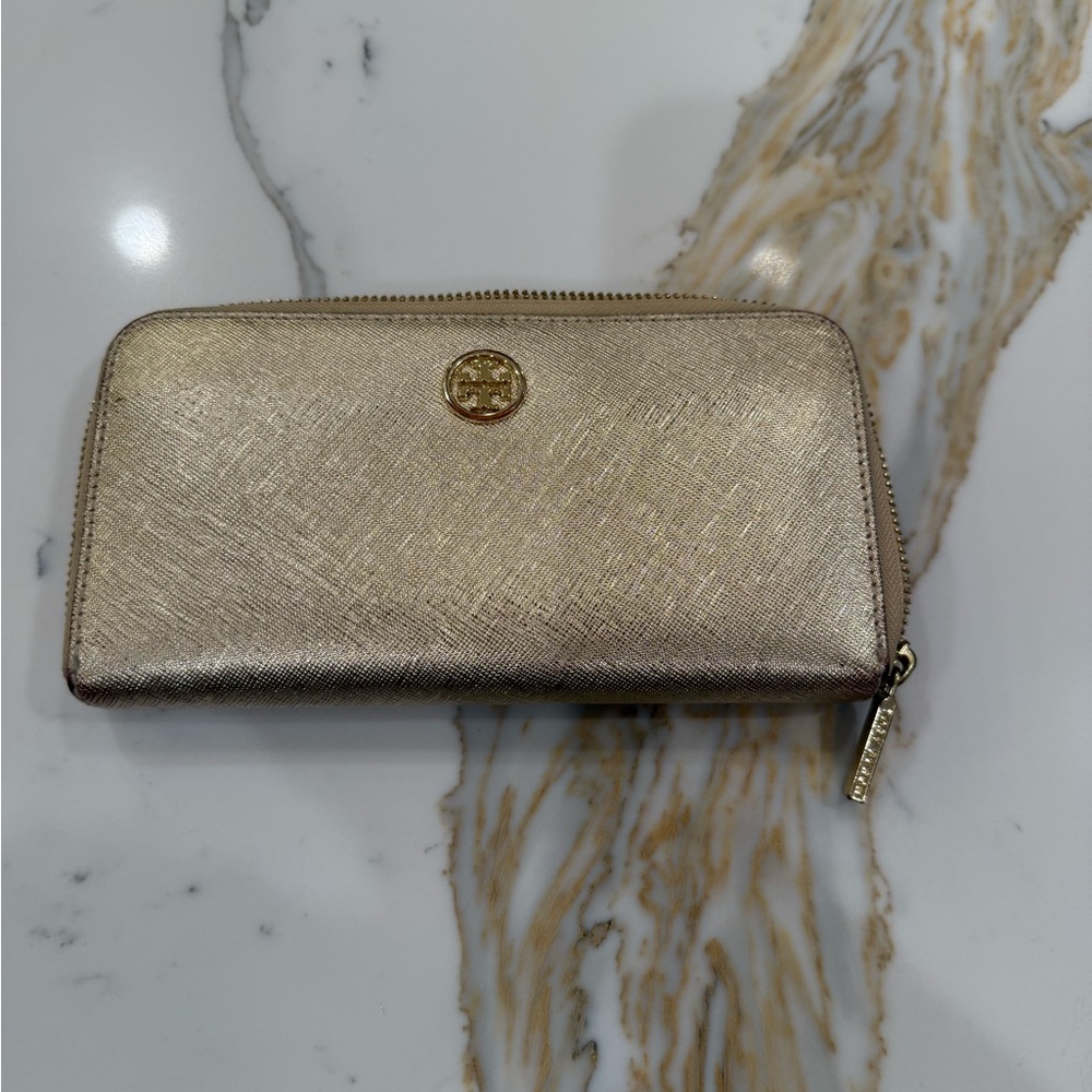 Tory Burch Gold Wallet with Textured Finish